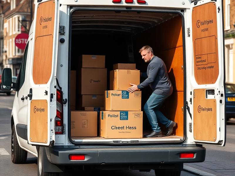DJR Services man and van loading boxes into a long-wheelbase van in Wells